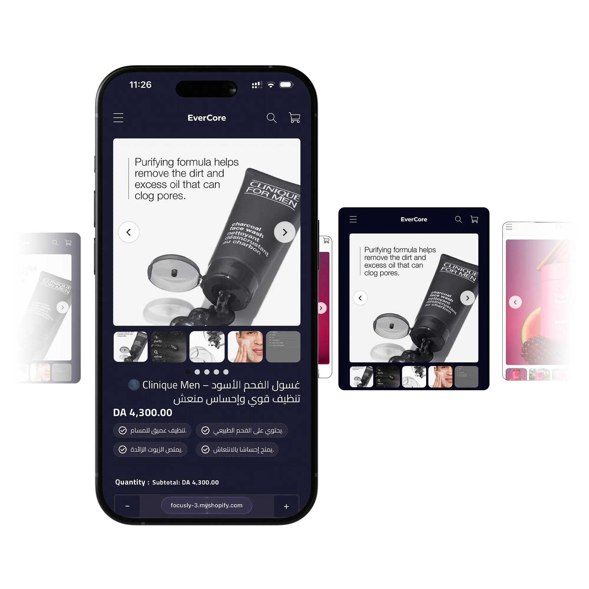 An EverCore-built store product page on a phone, with more generated store pages beside it